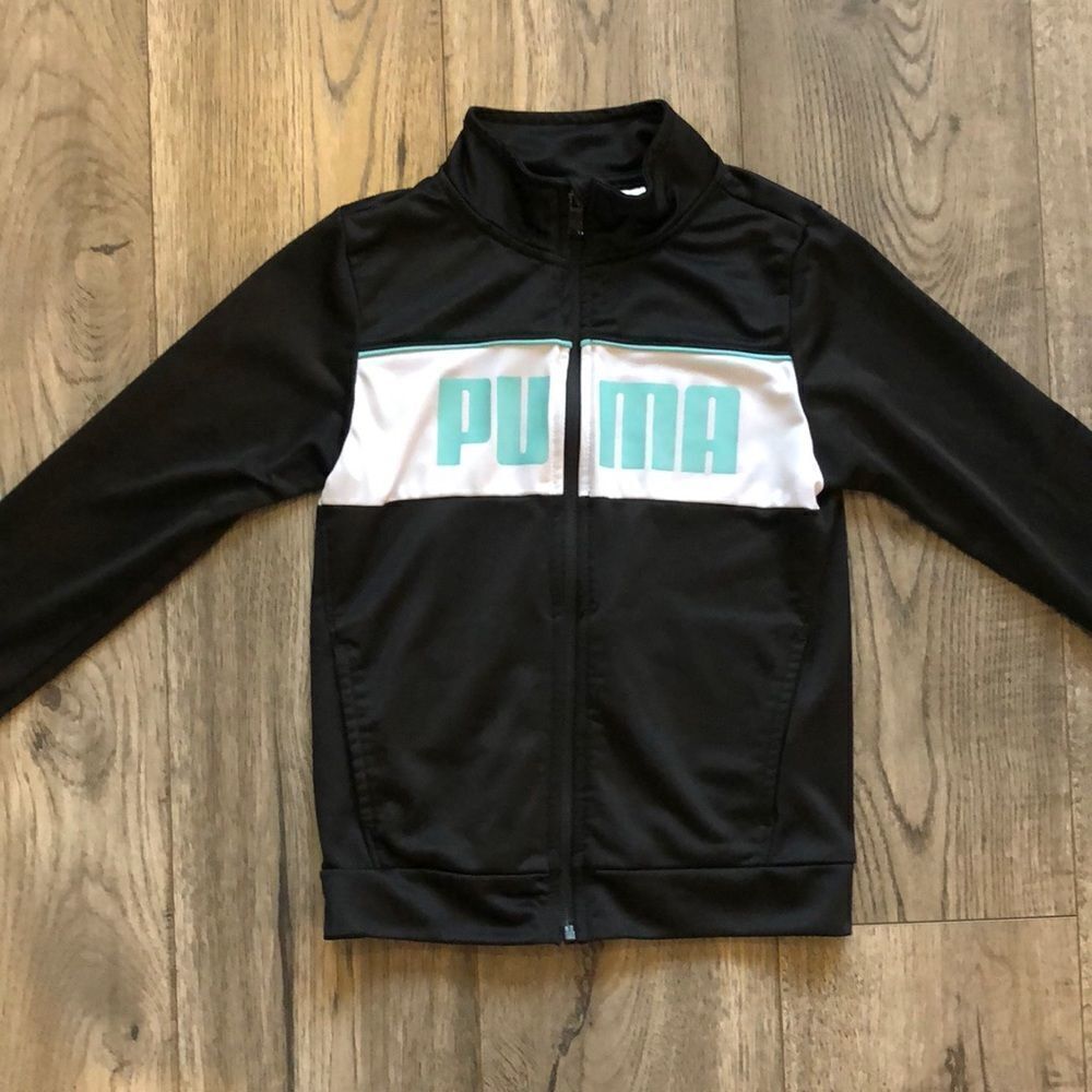 GIRLS PUMA LIGHTWEIGHT ATHLETIC JACKET IN EXCELLENT CONDITION! BLACK WITH TEAL